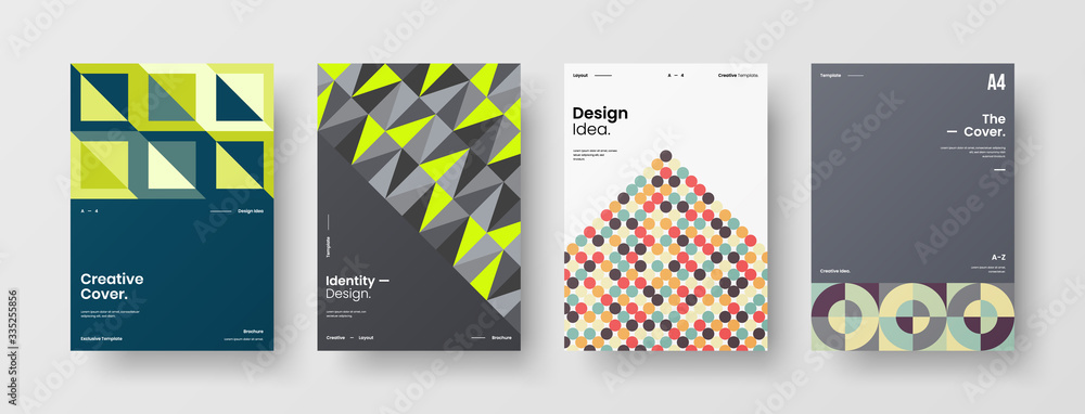 Obraz premium Company identity brochure template collection. Business presentation vector A4 vertical orientation front page mock up set. Corporate report cover abstract geometric illustration design layout bundle.