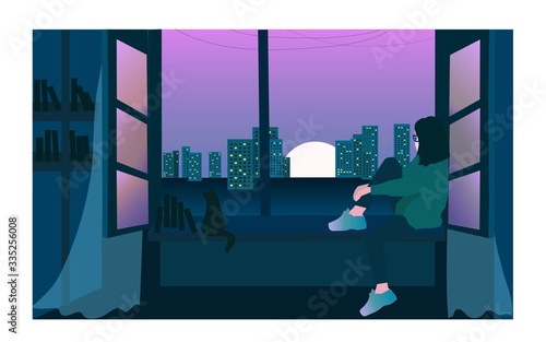 Vector illustration in flat style, girl with a cat sitting at the window and watching the sunset .
Books on shelves, interior. Rest in a cozy room. Evening reflections.