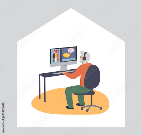Elderly, old people, senior people at home, playing chess, chatting on computer with grandchildren, reading books, working out, learning languages. Vector illustration, cartoon set stock illustration