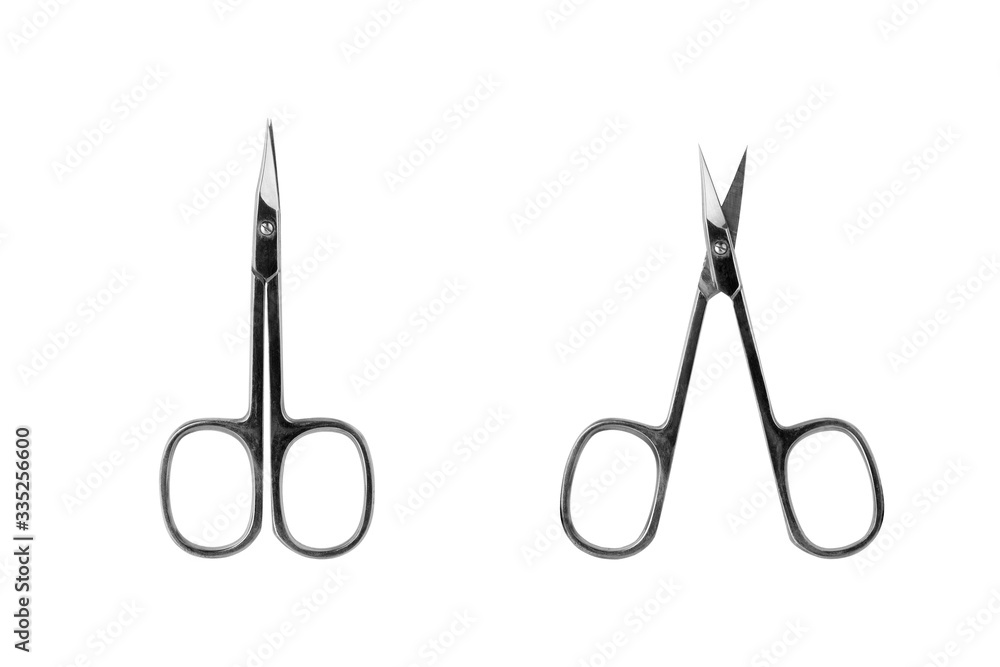 Silver metal closed and open scissors set on white background isolated closeup, steel cutting tool for manicure, cuticle clippers, nail cut shears, pair of scissor for paper, two positions, nobody Silver metal closed and open scissors set on white background isolated closeup, steel cutting tool for manicure, cuticle clippers, nail cut shears, pair of scissor for paper, two positions, nobody