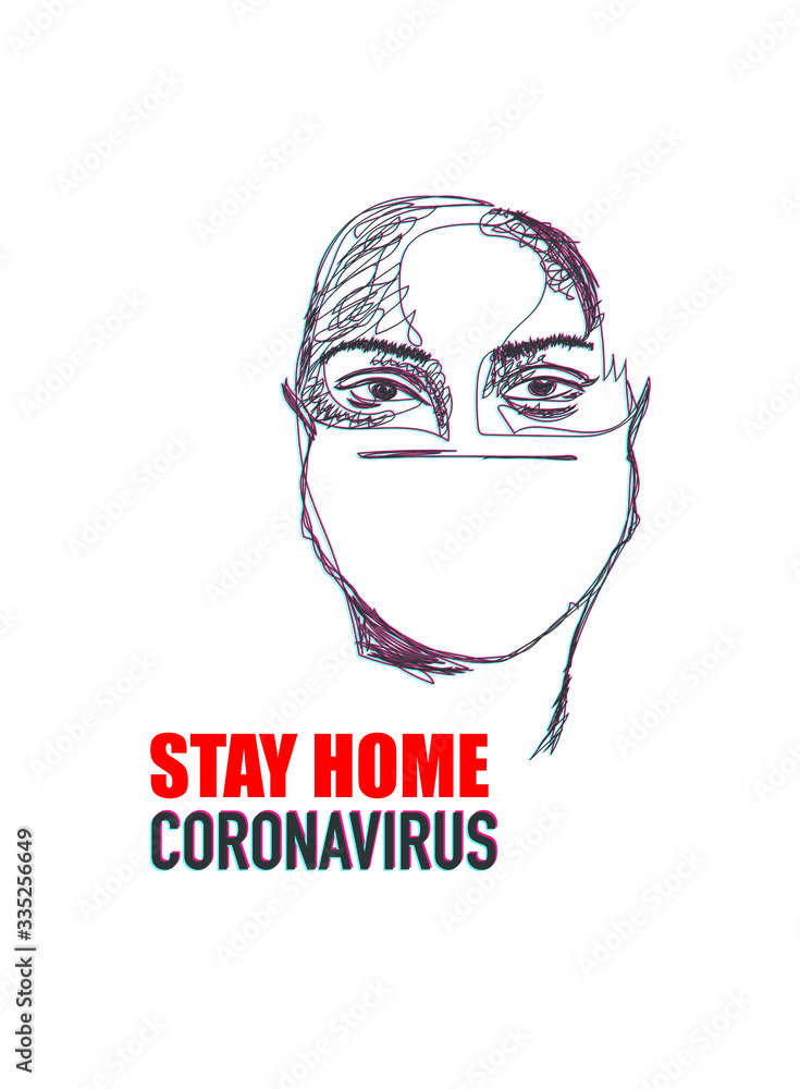 Continuous one line drawing of woman head wearing mask as protection from coronavirus. stay home stay safe.