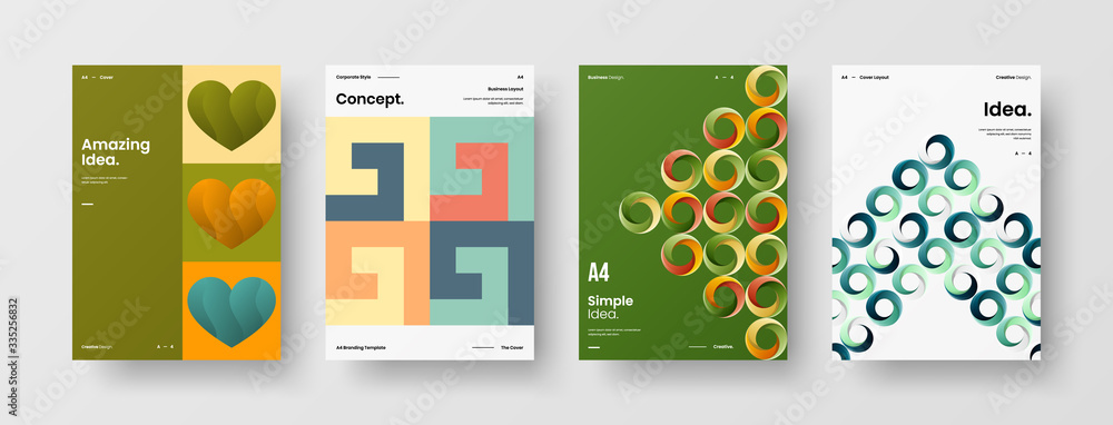 Naklejka premium Company identity brochure template collection. Business presentation vector A4 vertical orientation front page mock up set. Corporate report cover abstract geometric illustration design layout bundle.