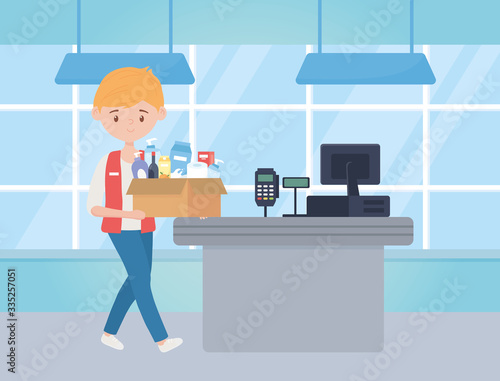 guy with filled box of food in cash register excess purchase