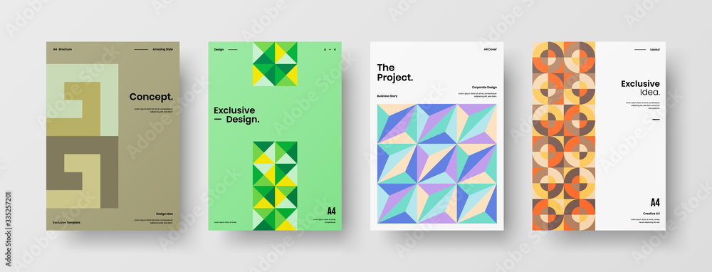 Fototapeta premium Company identity brochure template collection. Business presentation vector A4 vertical orientation front page mock up set. Corporate report cover abstract geometric illustration design layout bundle.