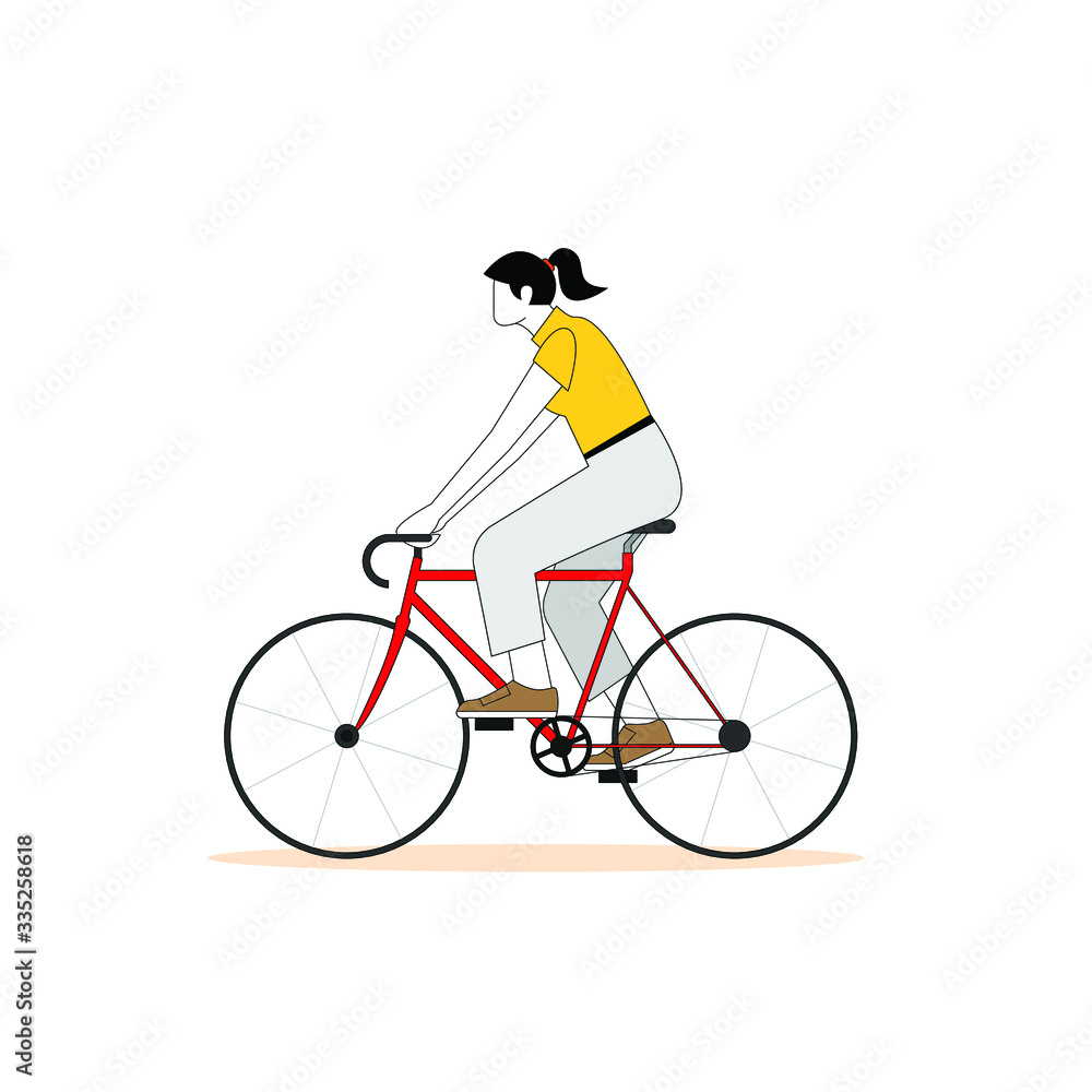 Obraz premium girl cycling on a red bicycle simple minimalist vector flat illustration