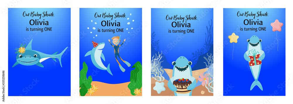 Children's birthday party invitations set with cute baby shark. Vector illustration.