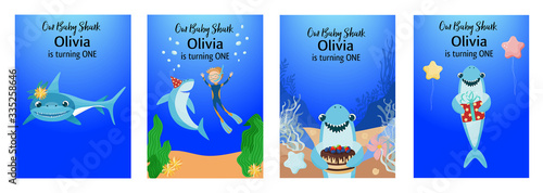 Children's birthday party invitations set with cute baby shark. Vector illustration.