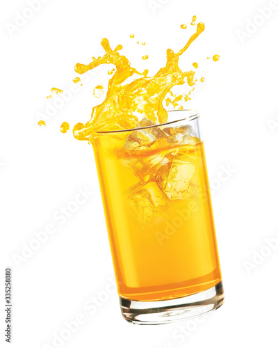 Splashing orange juice with ice cube