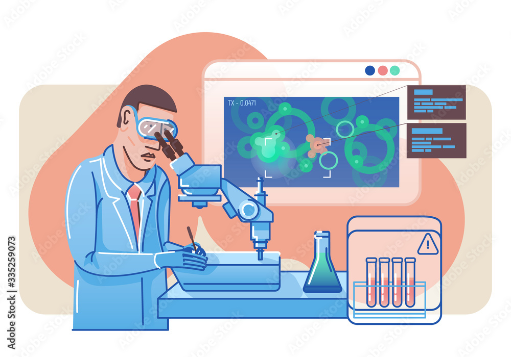 Obraz premium Banner with a doctor in a medical laboratory. Microscope, laptop, test tubes and different objects in the science laboratory concept.