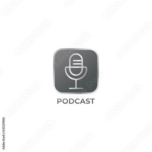 Metallic Podcast logo design template isolated on white background. Outline logo style. Pictorial logotype. condenser microphone icon. Deep talk, Broadcast, Radio station. Gray & silver color.
