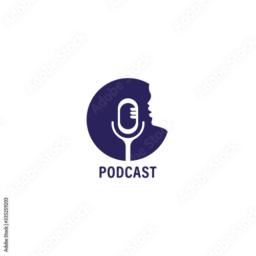 Podcast logo design template isolated on white background. Condenser microphone icon with face shape illustration. Internet Broadcasting, Online Radio station. Pictorial logotype.