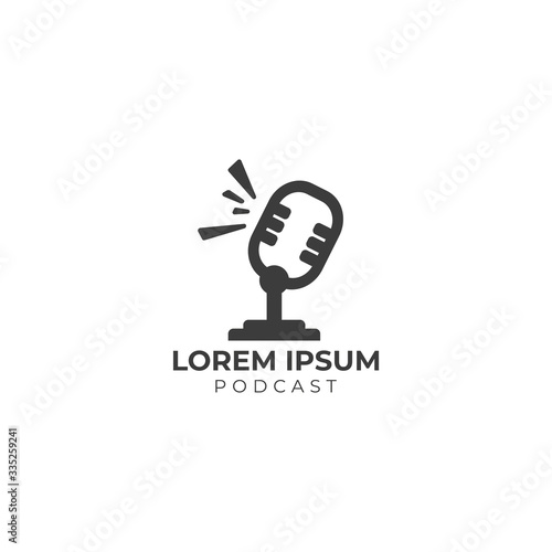Minimal Podcast logo design template isolated on black background. Retro Vintage Classic condenser microphone illustration. Broadcasting, Radio station. Pictorial logotype.