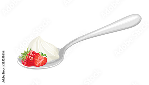 Strawberry with whipped cream in a spoon isolated on a white background. Vector illustration of a sweet dessert and red berries in cartoon flat style.