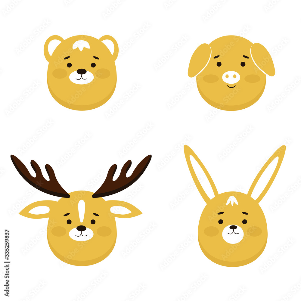 Muzzles of cute funny animals. Cartoon characters in the flat style Muzzles of cute funny animals. Cartoon characters in the flat style