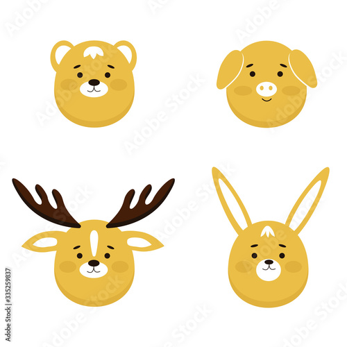 Muzzles of cute funny animals. Cartoon characters in the flat style