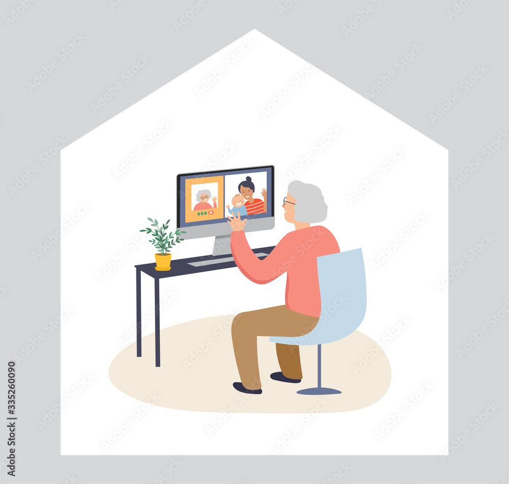 Elderly, old people, senior people at home, playing chess, chatting on computer with grandchildren, reading books, working out, learning languages. Vector illustration, cartoon set stock illustration Elderly, old people, senior people at home, playing chess, chatting on computer with grandchildren, reading books, working out, learning languages. Vector illustration, cartoon set stock illustration