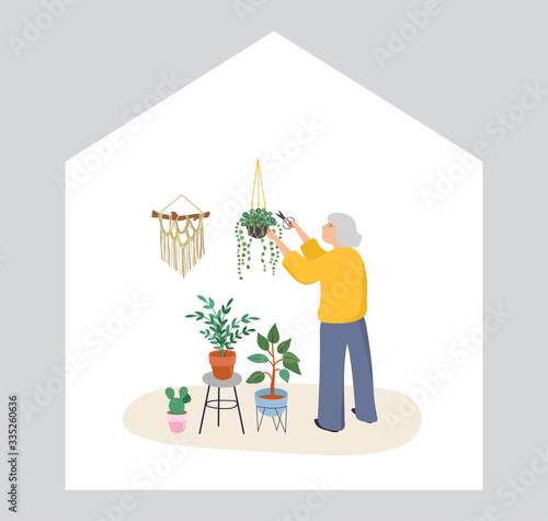 Elderly, old people, senior people at home, playing chess, chatting on computer with grandchildren, reading books, working out, learning languages. Vector illustration, cartoon set stock illustration