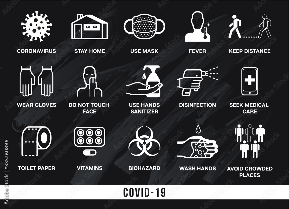 Covid-19. Set of icons on the theme of coronavirus. Stay home, my hands more often, new toilet paper, bacteria, avoid contact, use gloves.