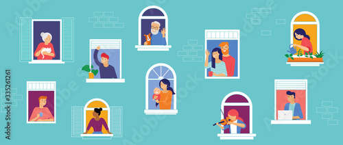 Stay at home, concept design. Different types of people, family, neighbors in their own houses. Self isolation, quarantine during the coronavirus outbreak. Vector flat style illustration stock photo