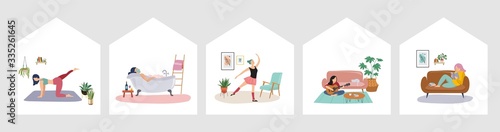 Quarantine, stay at home concept series - people sitting at their home, room or apartment, practicing yoga, enjoying meditation, relaxing on sofa, reading books, baking and listening to the music