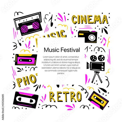 Music festival template in doodle style with spase for text.