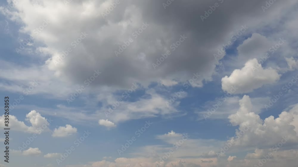 Blue summer sky with dense thick rain clouds moving across the heavens ...