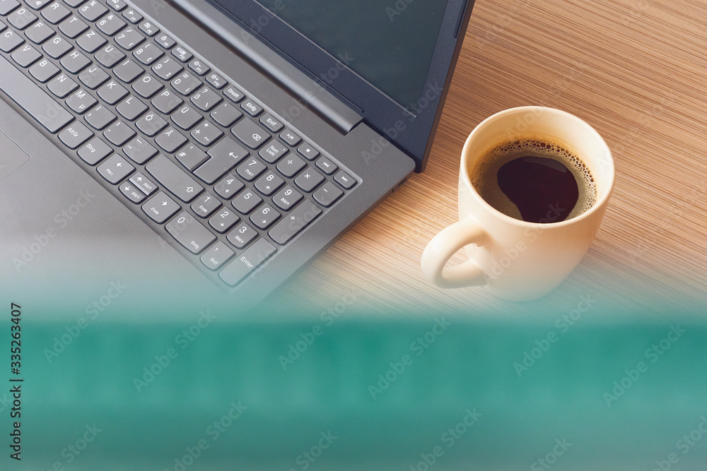 Notebook and coffee mug, protection mask ( First person view ) Notebook and coffee mug, protection mask ( First person view )