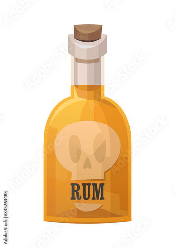 Glass bottle of pirate rum on white background