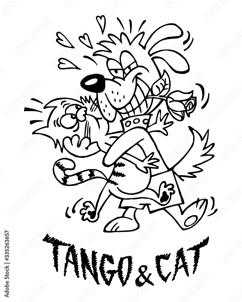 Dog and cat dancing tango with roses in teeth with love, claim Tango and cat, black and white cartoon