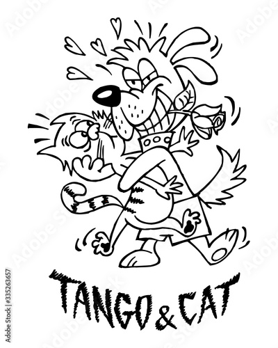Dog and cat dancing tango with roses in teeth with love, claim Tango and cat, black and white cartoon
