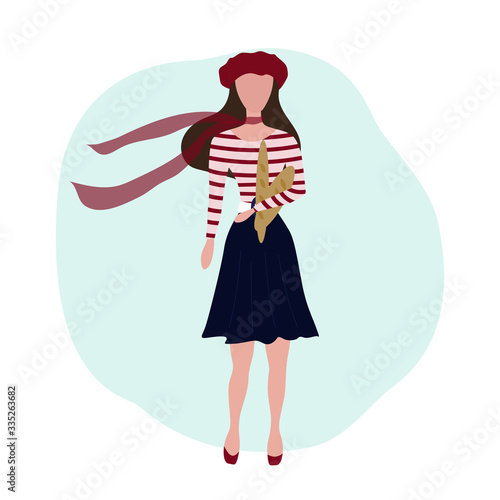 A girl in a red beret and a striped jumper with a baguette/