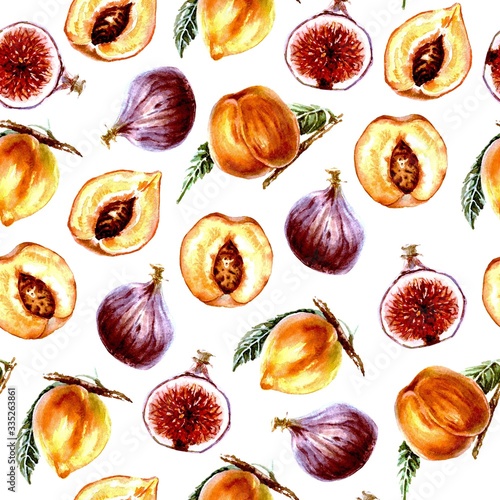 Seamless pattern with peaches. Hand drawn in watercolor.