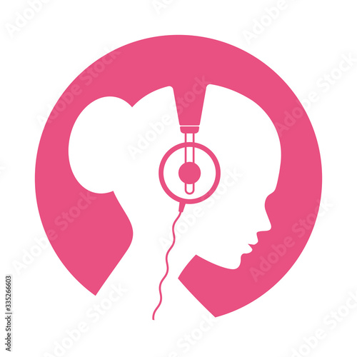 Vector pink circle icon, profile head woman with retro headphones. Isolated on white background.