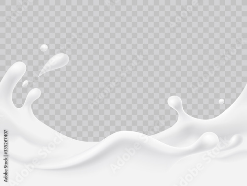 Milk splash seamless pattern. 3d realistic yogurt wave border on transparent background. Vector milky package design. photo