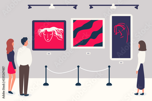 Man, woman in Contemporary Art Gallery Vector Illustration. Abstract Paintings.Museum Exposition. Drawing Canvas Display on Wall, Room Interior. Artistic Exhibition vector illustration flat cartoon