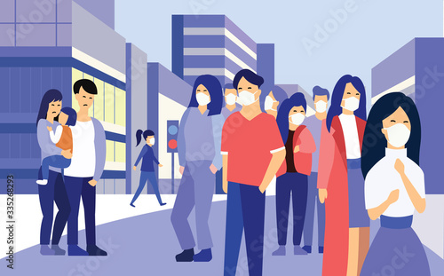 Asian people wearing protective masks to prevent epidemic mers-cov wuhan coronavirus 2019-ncov pandemic medical health risk men women walking city street horizontal