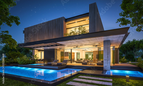 3d rendering of modern cozy house with parking and pool for sale or rent with wood plank facade and beautiful landscaping on background. Clear summer night with many stars on the sky. photo