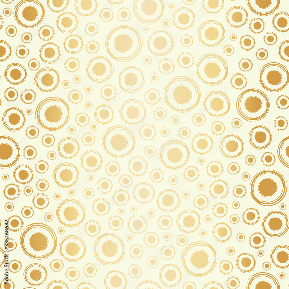 Gold foil circles seamless vector pattern background. Modern stylish dots metallic backdrop. Elegant champagne bubble all over print for luxury gift wrap, Golden Wedding anniversary drinks concept