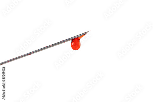 drop of blood hanging from a needle, isolated on white background, copys pace