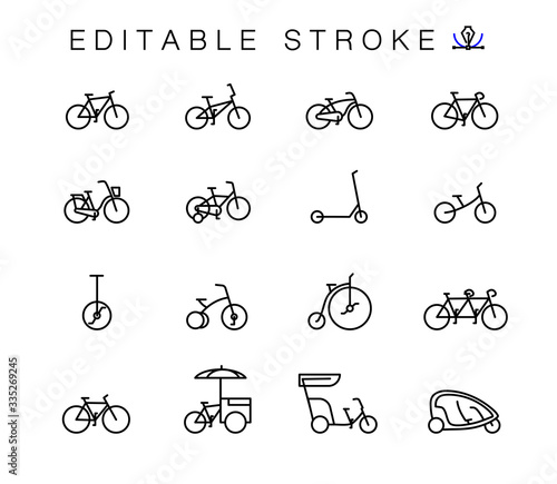 Bicycle types vector linear icons set. Outline symbols pack with editable stroke. Collection of simple 16 bicycle types icons isolated contour illustrations.  bmx,  touring, dirt, female bike. photo