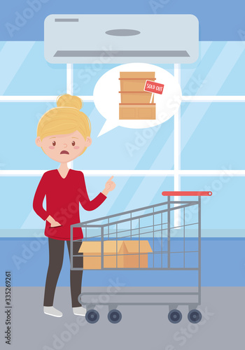 sad woman with empty shopping cart and box , sold out shelf supermarket, excess purchase
