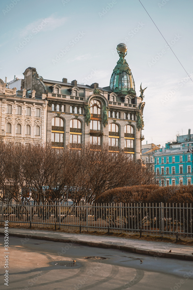 Singer building and book house in the center of Saint Petersburg, beautiful morning light, no people, great architecture, historical monument