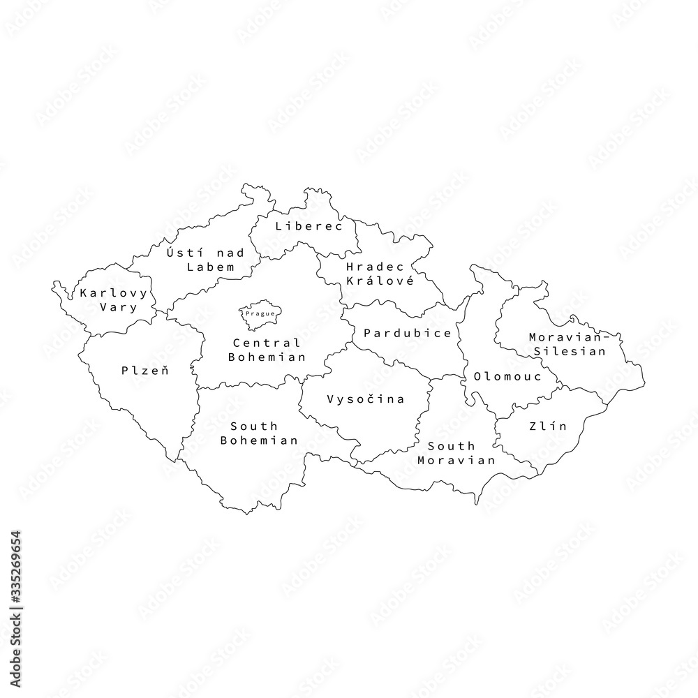 Vector illustration of administrative division map of Czech. Vector map.