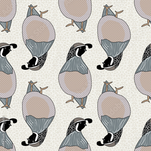 Vector Quail Birds in Black, Brown, White and Gray on Beige Background Seamless Repeat Pattern. Background for textile, book covers, manufacturing, wallpapers, print, gift wrap and scrapbooking.