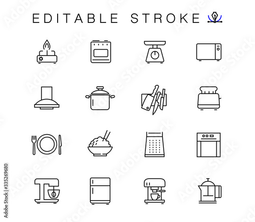 Household appliances and kitchen vector linear icons set. Kitchen outline symbols pack. Collection of cooking tools icons isolated contour illustrations. Scales. Microwave. Toaster. Electric kettle