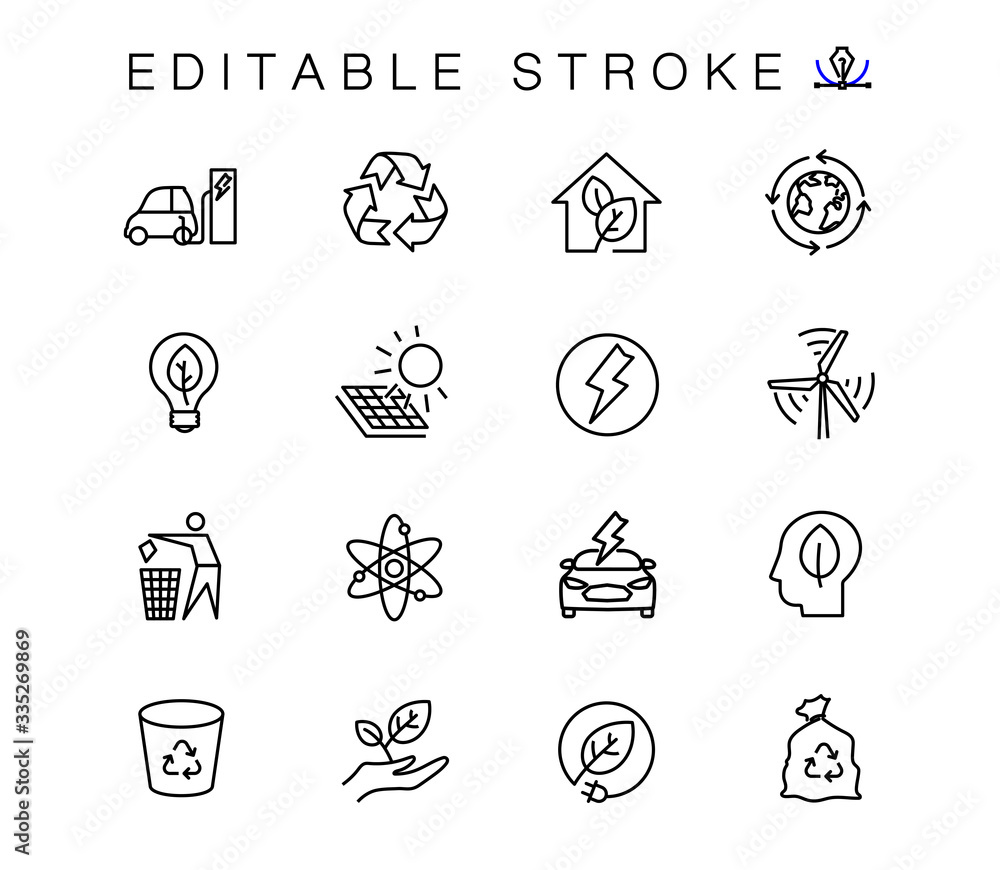 Naklejka premium Alternative energy sources vector linear icons set. Ecology renewable energy outline symbols pack. Collection of alternative energy icons isolated contour illustrations. Electric car. Solar power