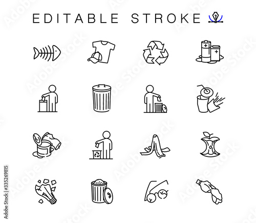 Environmental pollution vector linear icons set. Elements garbage outline symbols pack. Collection of simple sorting of waste icons isolated contour illustrations. Trash can. Banana peel. Recyclables