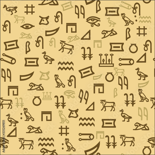 Ancient Egyptian pattern hieroglyphs. Ethnic decoration, history manuscript, mythology and traditional. Vector illustration. Seamless background