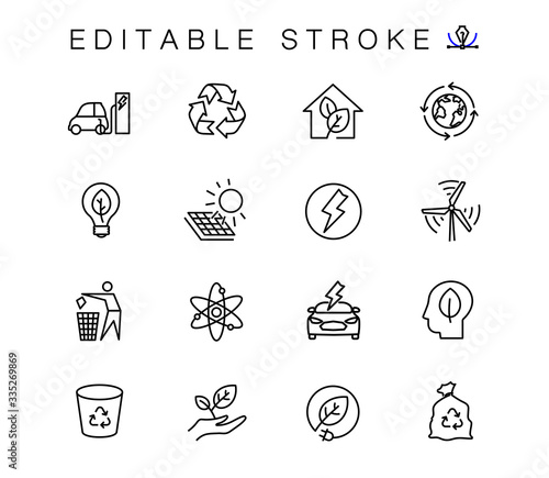 Alternative energy sources vector linear icons set. Ecology renewable energy outline symbols pack. Collection of alternative energy icons isolated contour illustrations. Electric car. Solar power