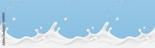 Milk splash seamless pattern. 3d realistic yogurt wave border on blue background. Vector milky package design.